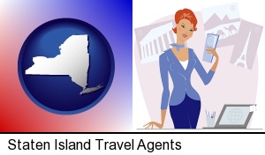 a travel agent in a travel agency, holding airline tickets in Staten Island, NY