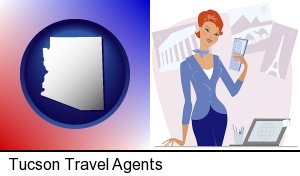 a travel agent in a travel agency, holding airline tickets in Tucson, AZ