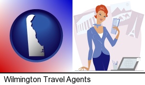 a travel agent in a travel agency, holding airline tickets in Wilmington, DE