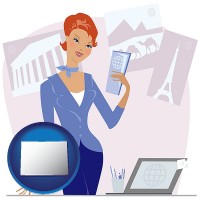 a travel agent in a travel agency, holding airline tickets - with CO icon