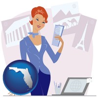 florida map icon and a travel agent in a travel agency, holding airline tickets