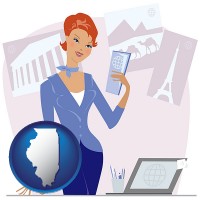 illinois map icon and a travel agent in a travel agency, holding airline tickets