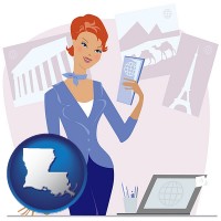 louisiana map icon and a travel agent in a travel agency, holding airline tickets