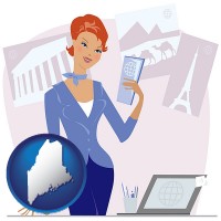 maine map icon and a travel agent in a travel agency, holding airline tickets