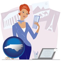 north-carolina map icon and a travel agent in a travel agency, holding airline tickets