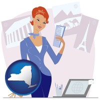 new-york map icon and a travel agent in a travel agency, holding airline tickets