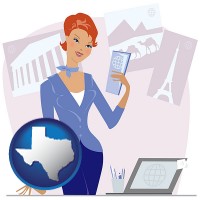 texas map icon and a travel agent in a travel agency, holding airline tickets