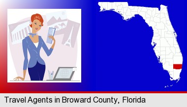 a travel agent in a travel agency, holding airline tickets; Broward County highlighted in red on a map