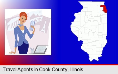 a travel agent in a travel agency, holding airline tickets; Cook County highlighted in red on a map