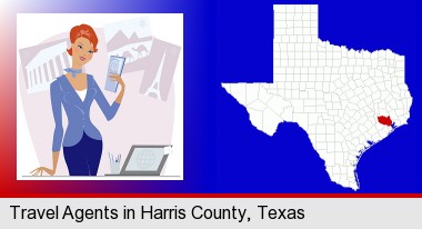 a travel agent in a travel agency, holding airline tickets; Harris County highlighted in red on a map