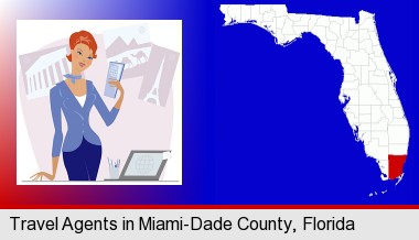 a travel agent in a travel agency, holding airline tickets; Miami-Dade County highlighted in red on a map