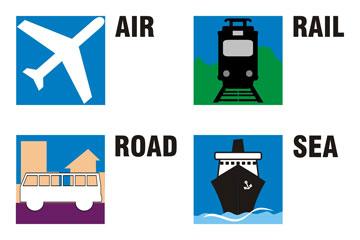 travel icons for air, rail, road, and sea travel