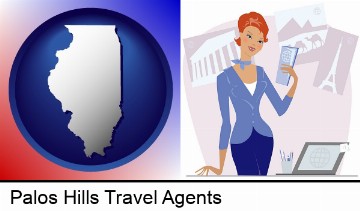 a travel agent in a travel agency, holding airline tickets in Palos Hills, IL