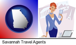 a travel agent in a travel agency, holding airline tickets in Savannah, GA