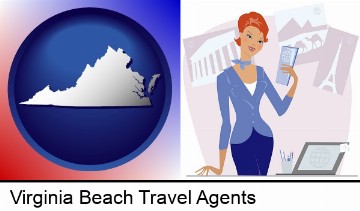 a travel agent in a travel agency, holding airline tickets in Virginia Beach, VA