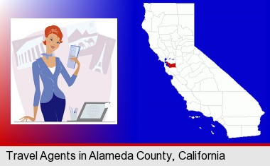 a travel agent in a travel agency, holding airline tickets; Alameda County highlighted in red on a map