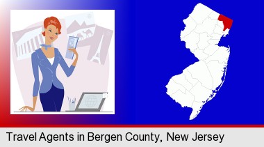 a travel agent in a travel agency, holding airline tickets; Bergen County highlighted in red on a map