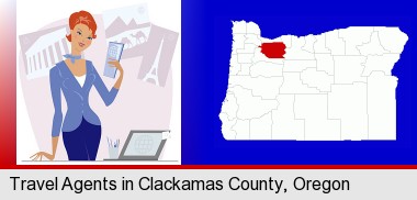 a travel agent in a travel agency, holding airline tickets; Clackamas County highlighted in red on a map