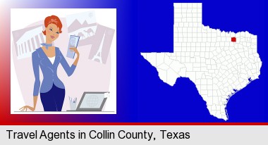 a travel agent in a travel agency, holding airline tickets; Collin County highlighted in red on a map