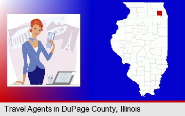 a travel agent in a travel agency, holding airline tickets; DuPage County highlighted in red on a map