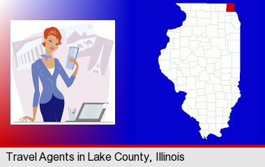 a travel agent in a travel agency, holding airline tickets; LaSalle County highlighted in red on a map