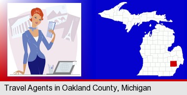 a travel agent in a travel agency, holding airline tickets; Oakland County highlighted in red on a map