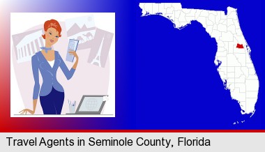 a travel agent in a travel agency, holding airline tickets; Seminole County highlighted in red on a map