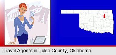 a travel agent in a travel agency, holding airline tickets; Tulsa County highlighted in red on a map